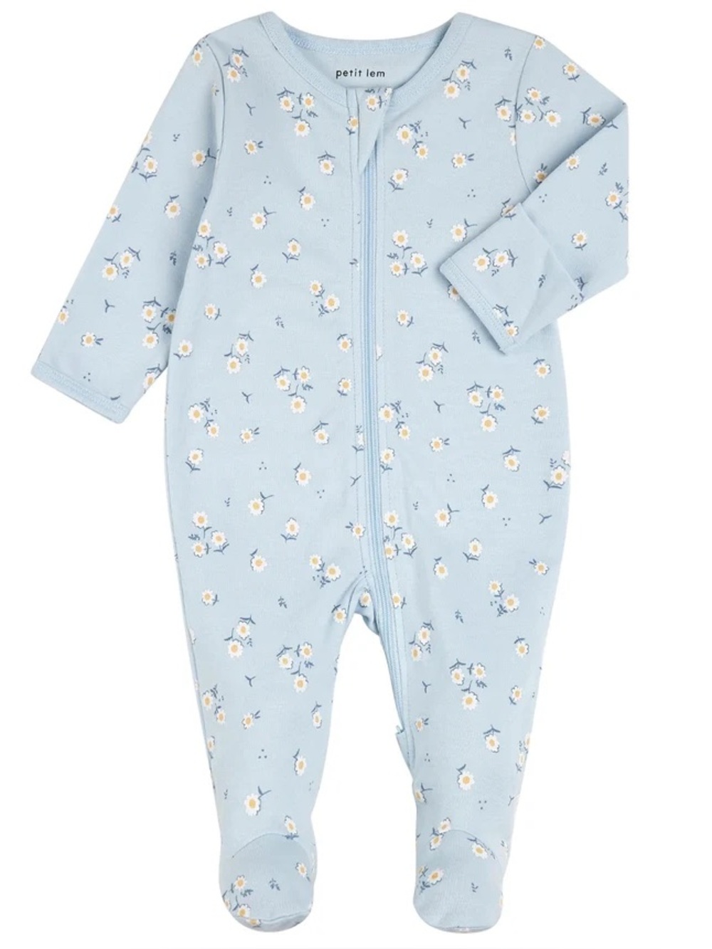🌸 Baby Girl Petit Lem Pale Blue Daisy Zip-Up Footed One-Piece